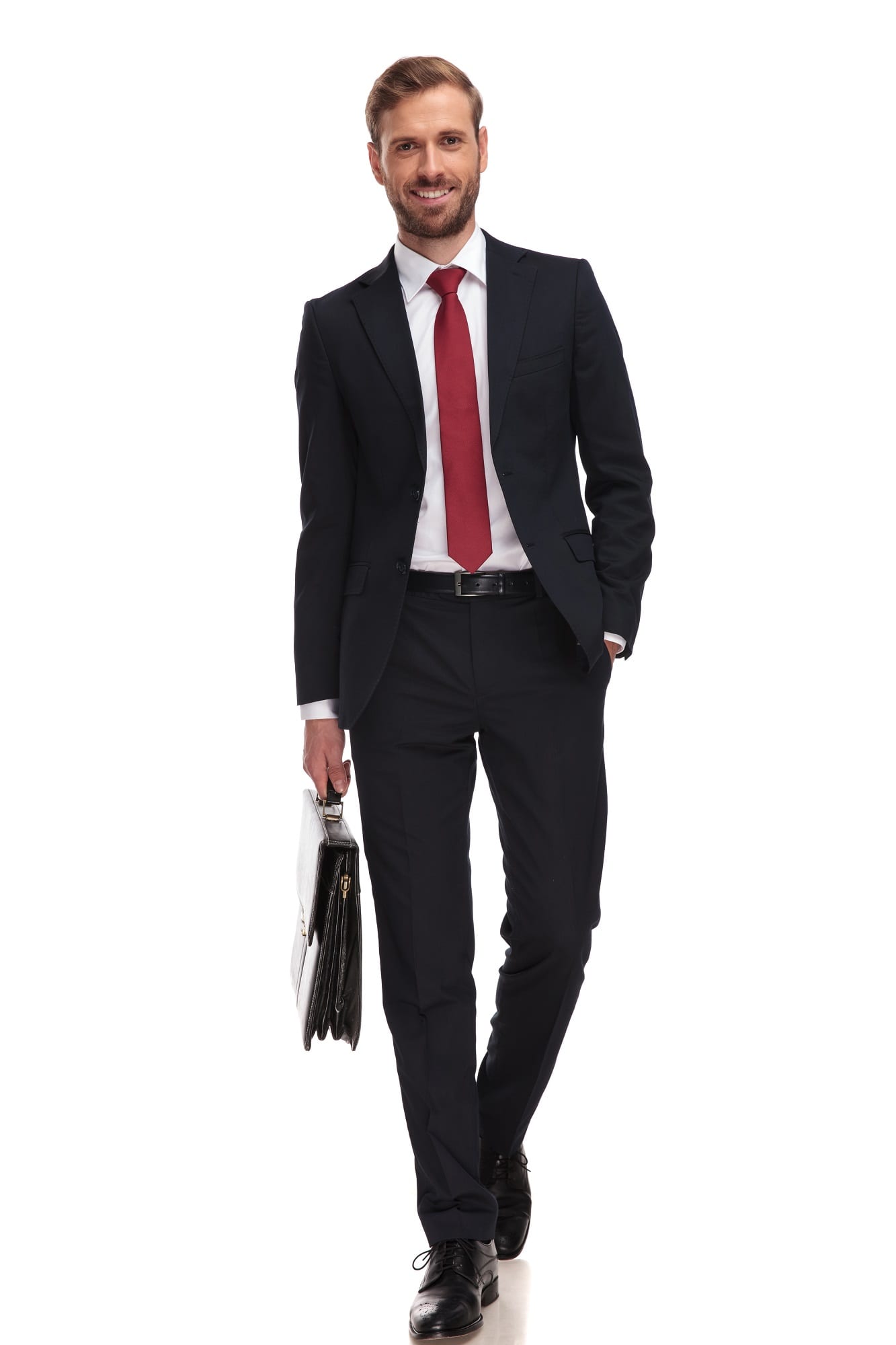 Handsome Businessman Holding Suitcase Walks To Work While Holdin